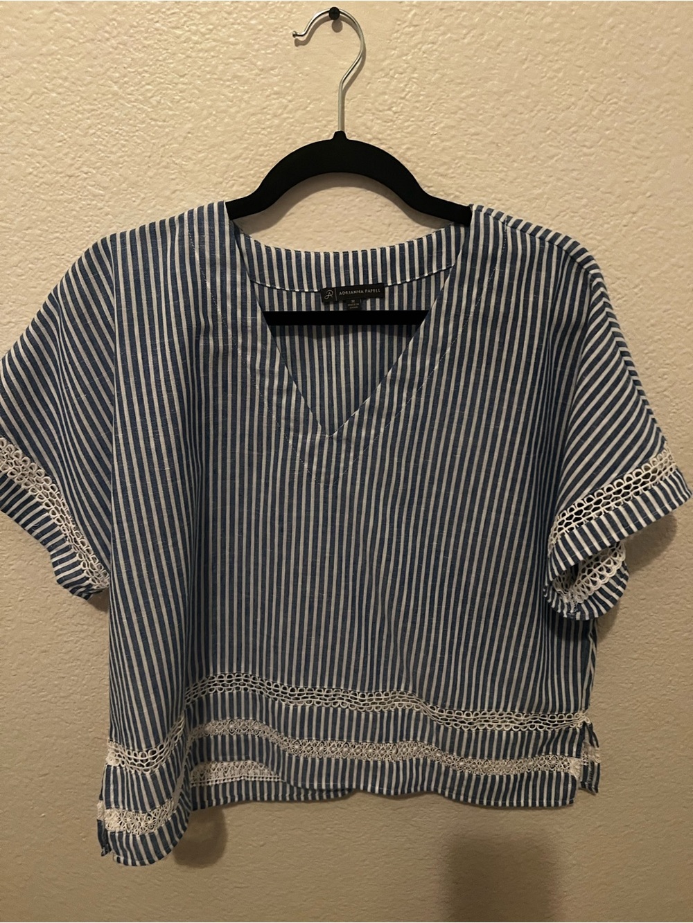 Adrianna Papell Blue and White Striped V-Neck Crochet-Trim Crop Top
